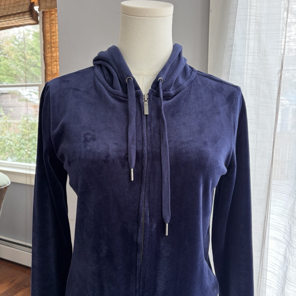 Women's Navy Blue Velvet Velour Hoodie Sz S Full Zip Sweatshirt Track Jacket - Picture 4 of 16
